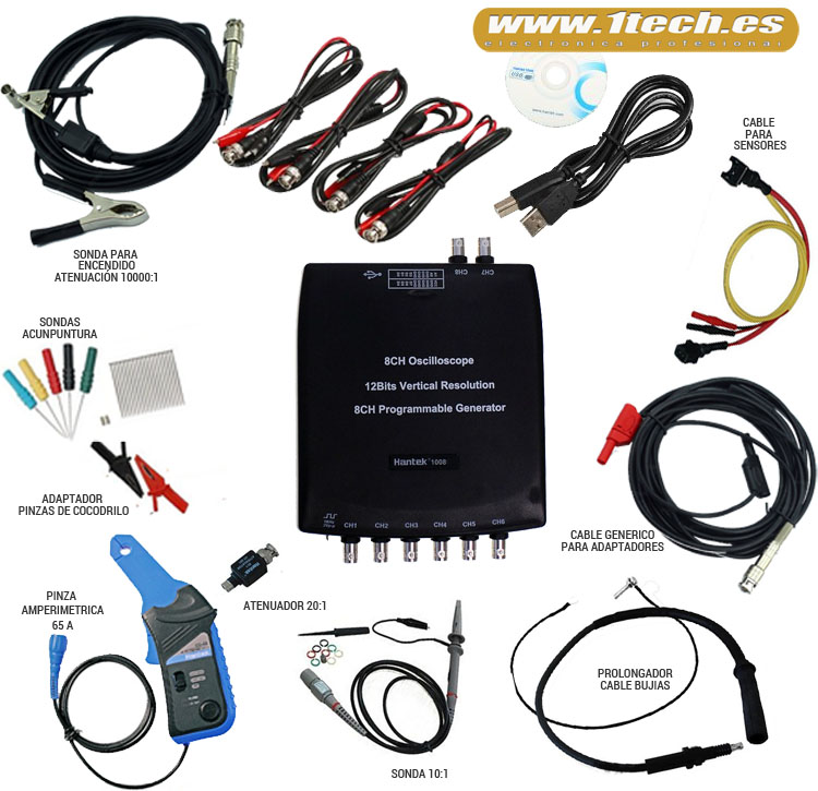 Hantek 1008C Osciloscopio Automoción + kit completo de accesorios - www.1tech.es